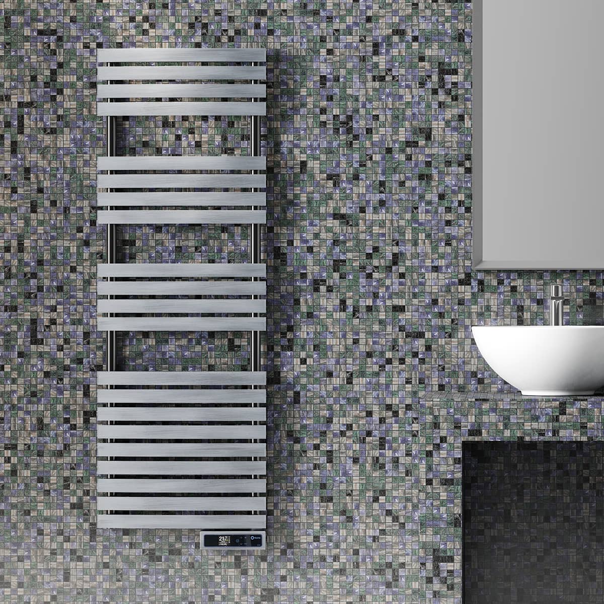 Rointe steel wall mounted electric heated bathroom towel rail in tokyo silver satin finish