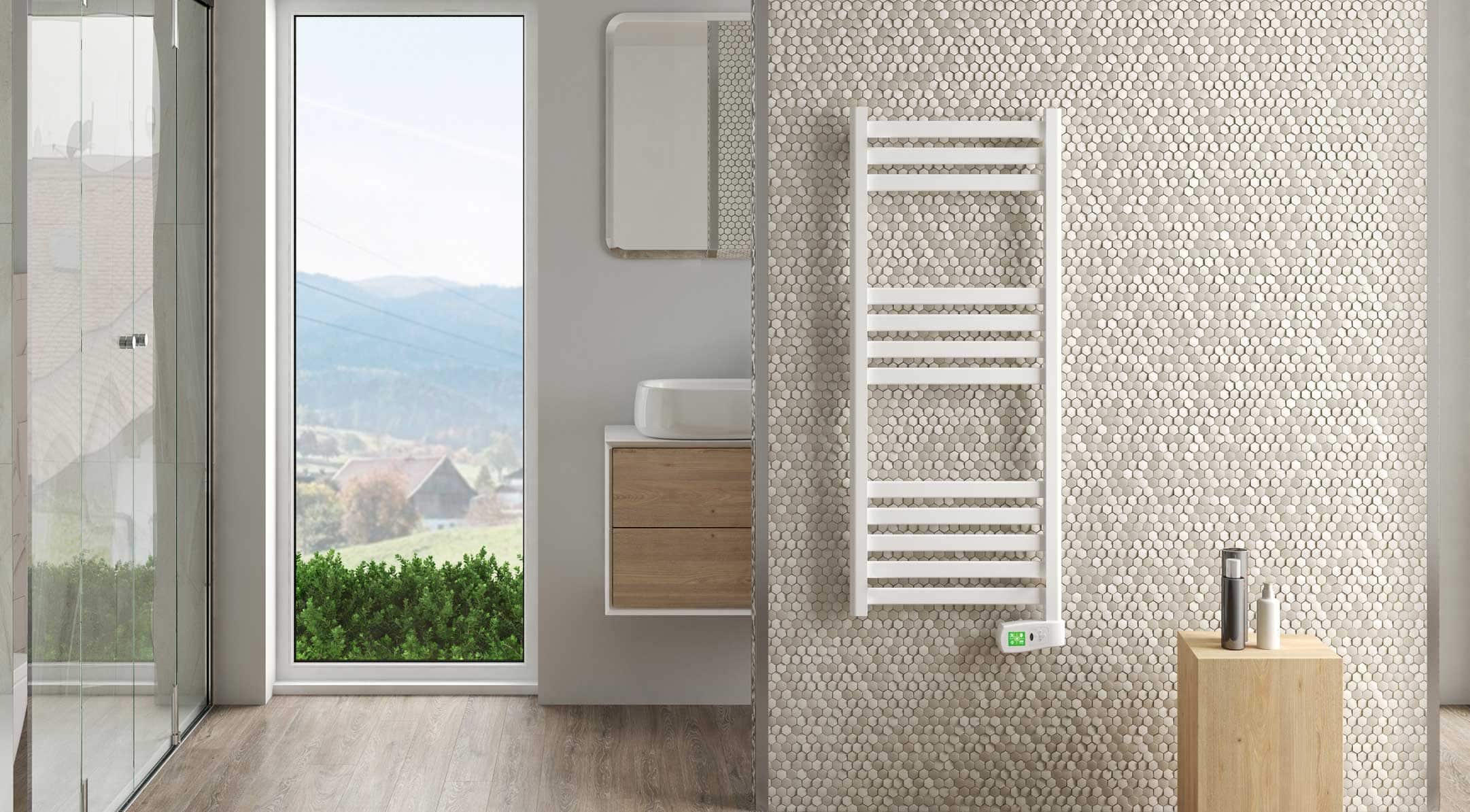Rointe Kyros smart timer electric towel rail heater in white wall mounted in beige bathroom