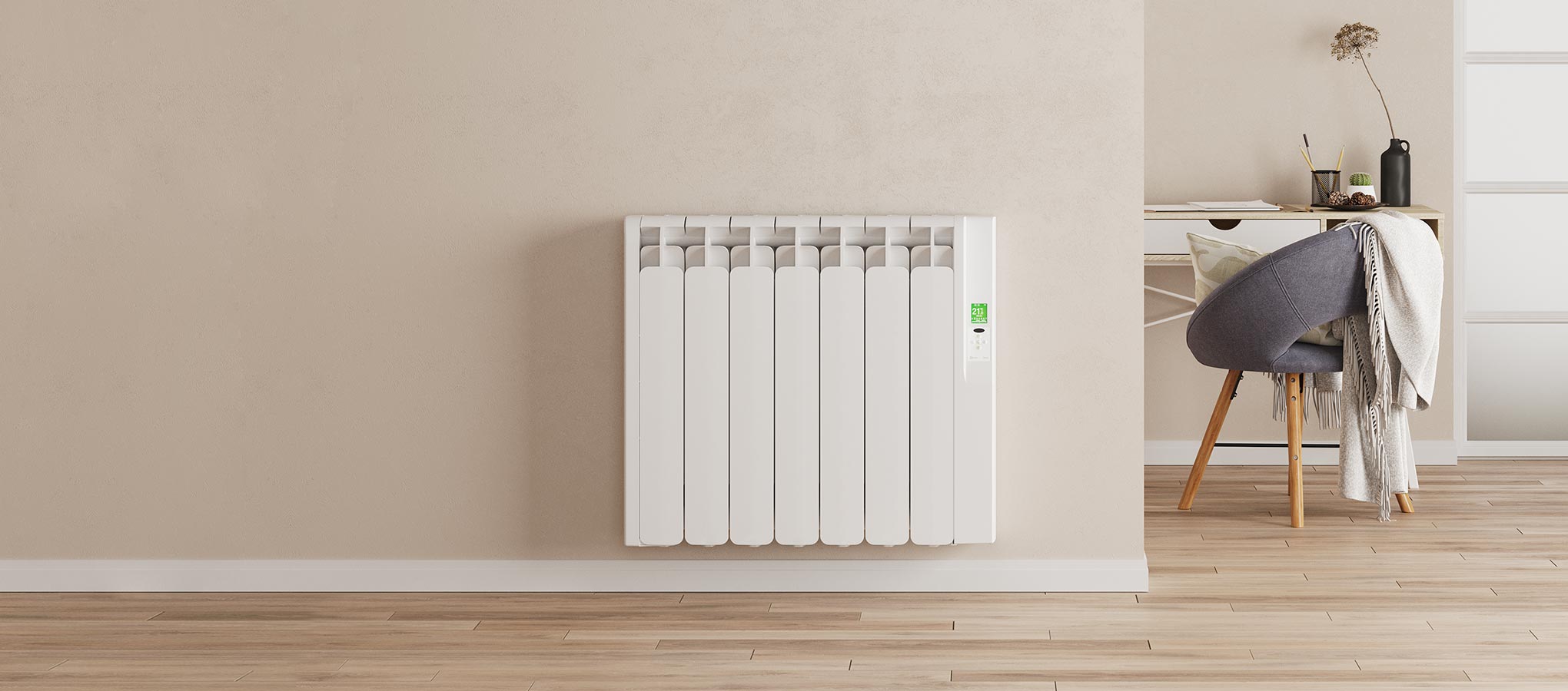 Rointe Kyros smart timer electric radiator in white wall mounted in living room