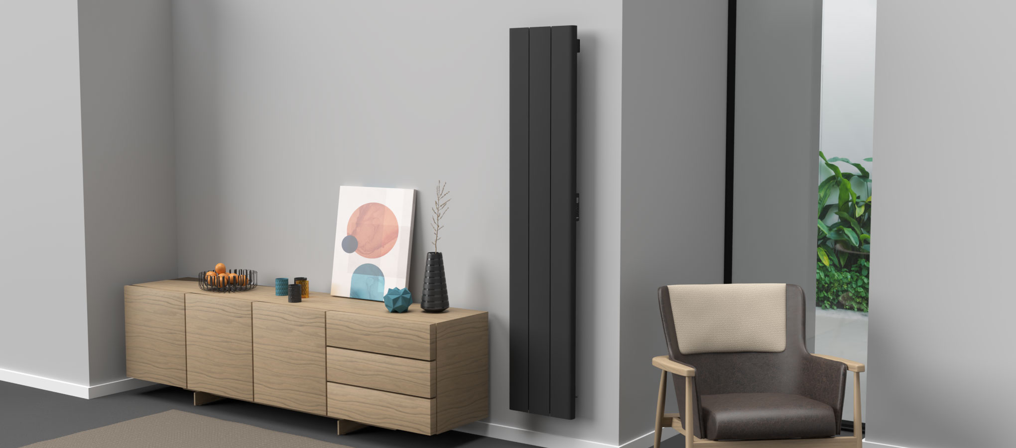 Rointe Palaos tall vertical slim line electric radiator in black wall mounted in office