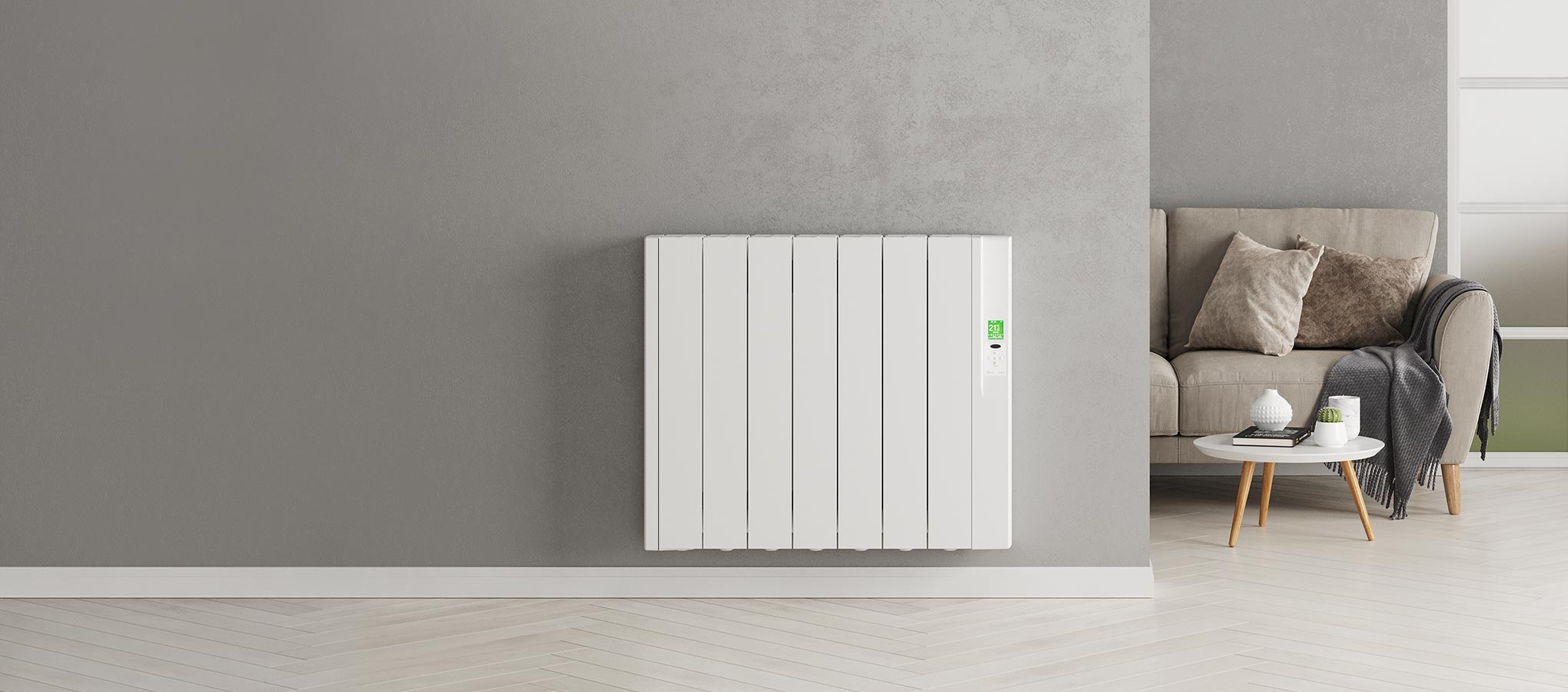 Rointe Sygma smart timer electric radiator in white wall mounted in living room
