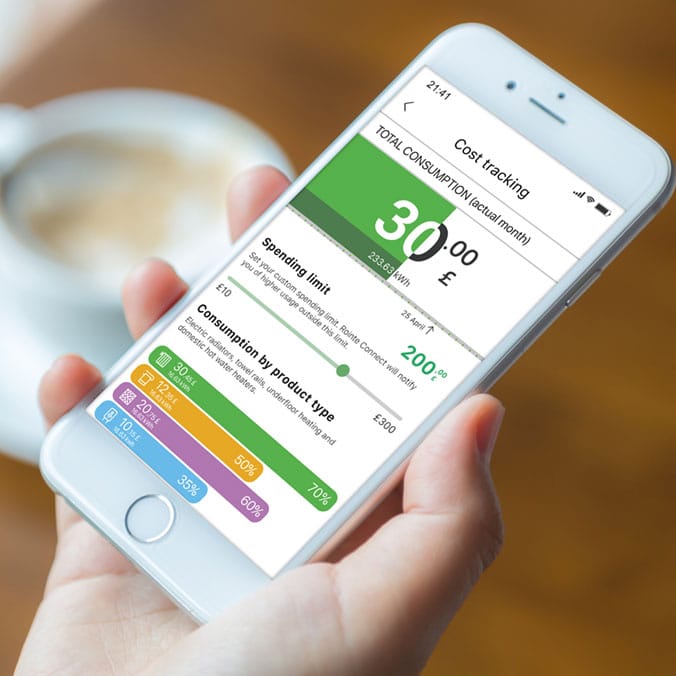 Rointe Connect app on smartphone showing heating cost and consumption statistics