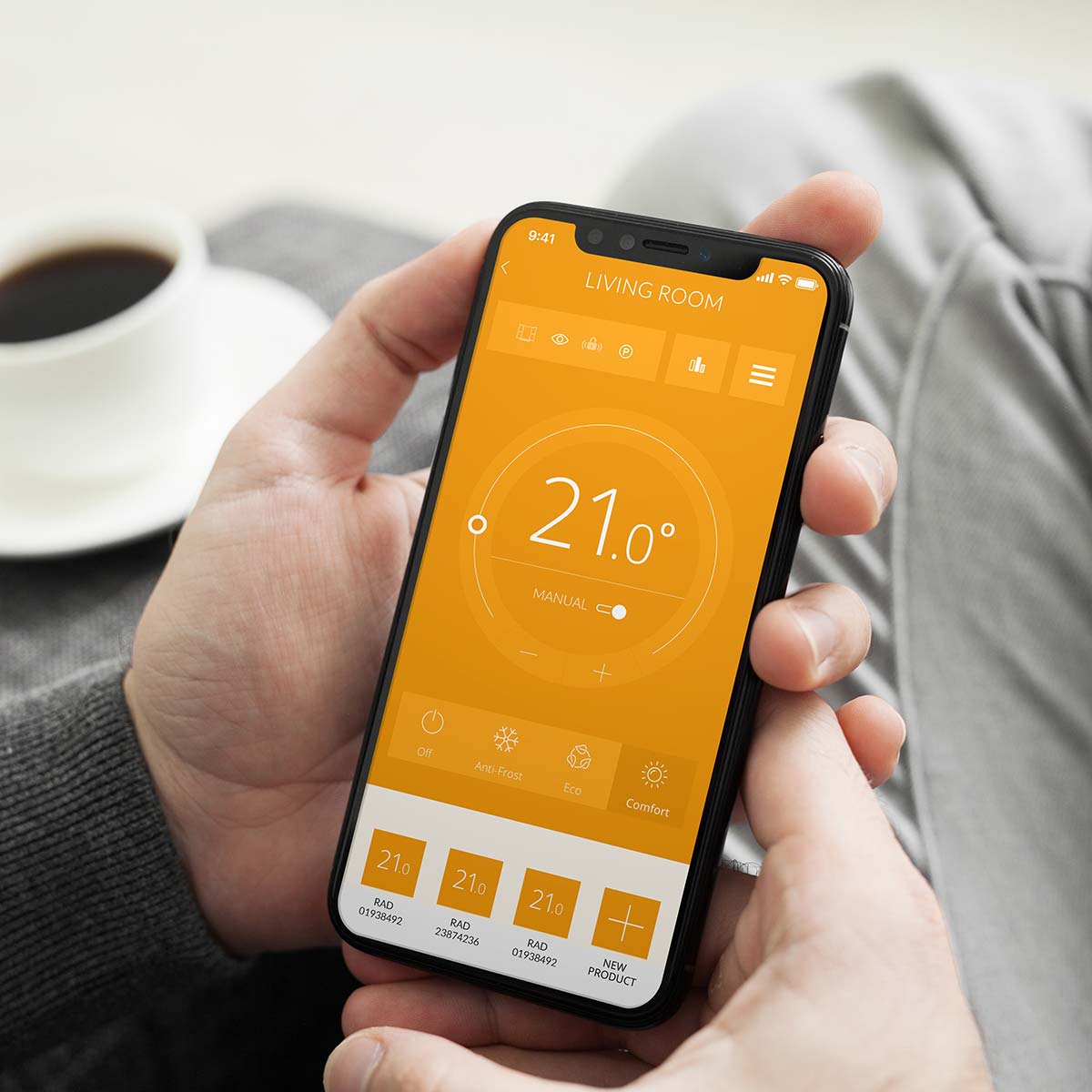 Rointe Connect Lite app on smartphone controlling temperature of Belize radiators